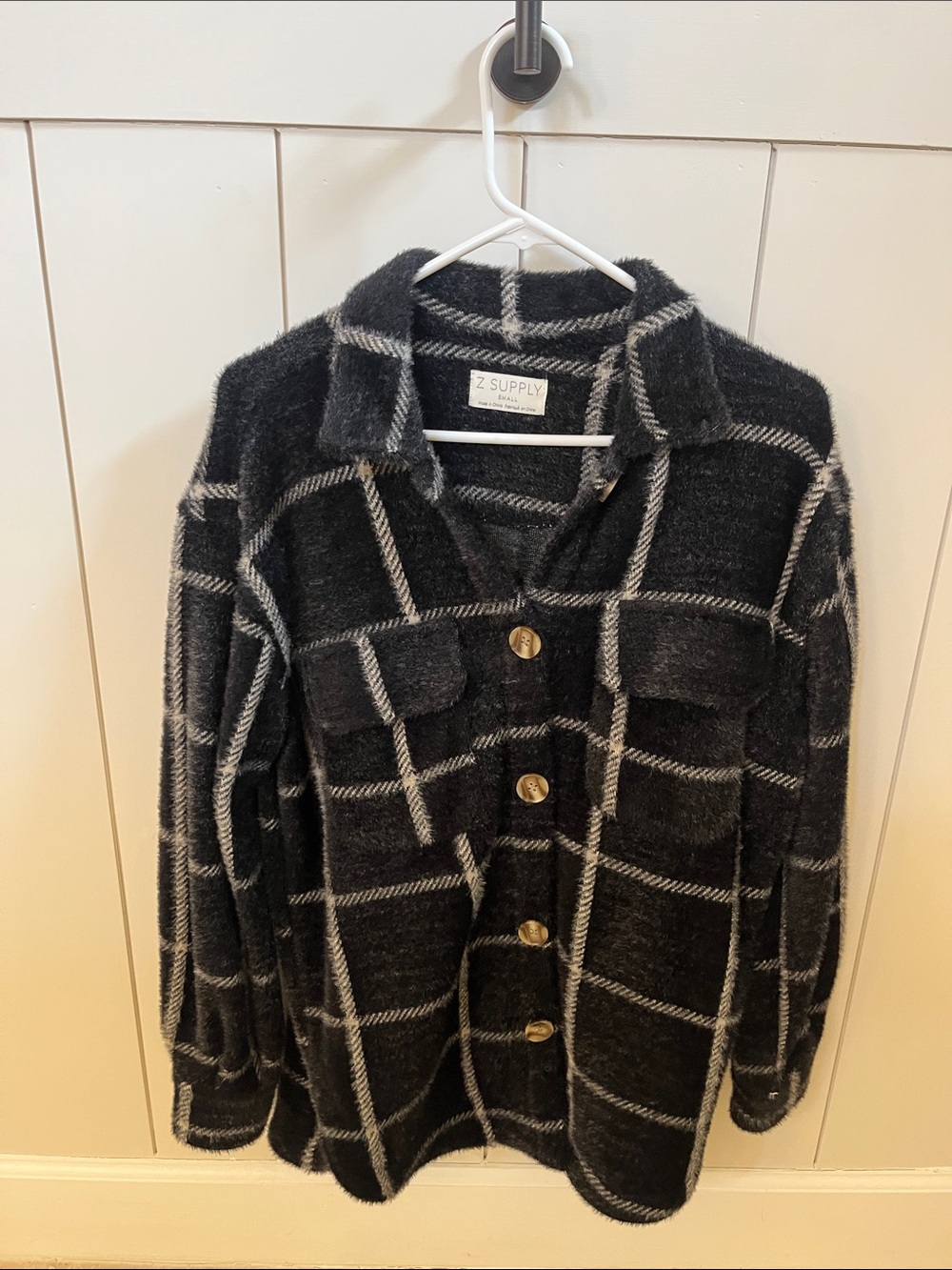 Z Supply Black Windowpane Coatigan with Contrast Lines